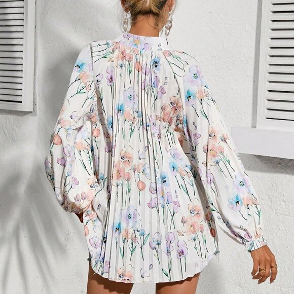 Multicolor Boho Women's Floral Print Lantern Sleeve Shirt - Picture 2 of 5